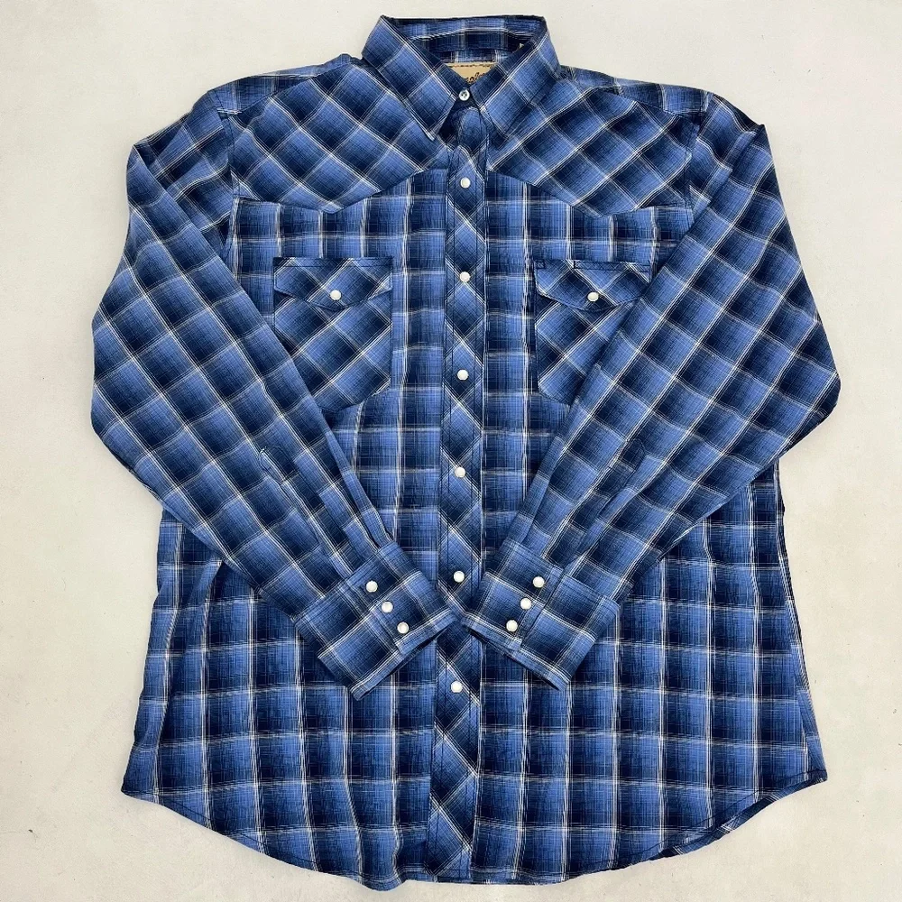 Wrangler Western Shirt Mens Large Blue Preppy Plaid Snap Button Up Long Sleeve - Picture 1 of 9